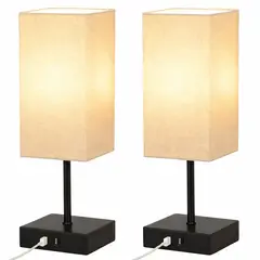 ONE PIXEL - Combo Lamparas De Mesa Nocturna Con Puerto USB Moderna En Tela Cuadradas