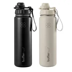 BUFFER FLASK - Termo Botella Agua Termica 700 Ml Buffer Acero Inox + 4 Tapas Set x2 - Beige