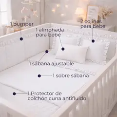 LILE - Combo Completo para Cuna Bebé 6 Piezas Bumper + Sábanas + Protector Antifluido + Almohada + Cojines