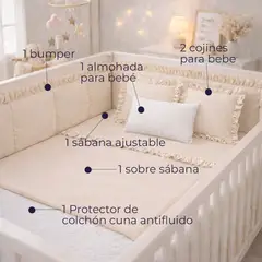LILE - Combo Completo para Cuna Bebé 6 Piezas Bumper + Sábanas + Protector Antifluido + Almohada + Cojines