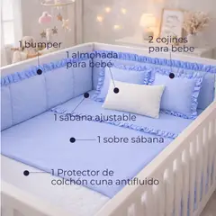LILE - Combo Completo para Cuna Bebé 6 Piezas Bumper + Sábanas + Protector Antifluido + Almohada + Cojines