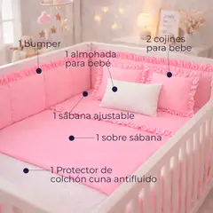 LILE - Combo Completo para Cuna Bebé 6 Piezas Bumper + Sábanas + Protector Antifluido + Almohada + Cojines