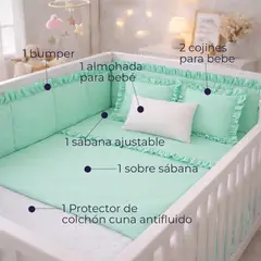 LILE - Combo Completo para Cuna Bebé 6 Piezas Bumper + Sábanas + Protector Antifluido + Almohada + Cojines