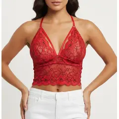 VIA7 - Crop Top Bralette de Encaje y cruzado espalda