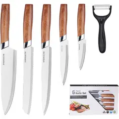 GENERICO - Juego de Cuchillos 6 Piezas Acero Inoxidable Antiadherente Con Base Madera 14.5x32cm Set Premium