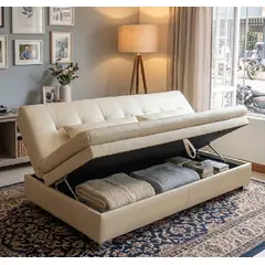 GENERICO - Sofa Cama Baúl Click Cuero Sintético Marfil 3 Posiciones 2 almohadas