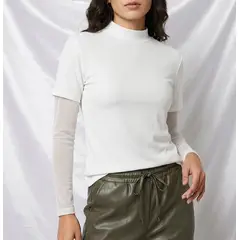 VIA7 - Espectacular blusa Camiseta de moda Negra Licra y Mangas de Malla Transparente