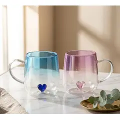 GENERICO - Set de 4 Pocillos de Vidrio con Corazón Interior, Rosa - Azul. 400 ml