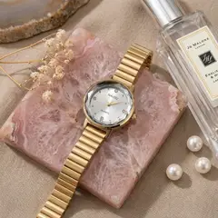 GENERICO - Reloj Naidu Redondo Para Mujer Dorado Fondo Blanco En Acero Original + Caja