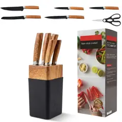 GENERICO - Set De Cuchillos De Cocina 7 Piezas Con Base De Madera Antiadherente Profesional Premium