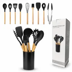 GENERICO - Set De Utensilios De Cocina x12 Silicona y Madera 23-32cm - Kit Profesional Antiadherente