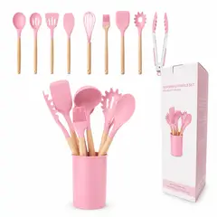 GENERICO - Set De Utensilios De Cocina x12 Silicona y Madera 23-32cm - Kit Profesional Antiadherente