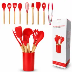 GENERICO - Set De Utensilios De Cocina x12 Silicona y Madera 23-32cm - Kit Profesional Antiadherente