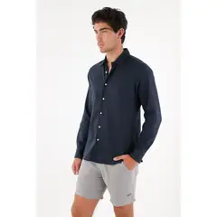 TENNIS - Camisa clásica en lino azul para hombre