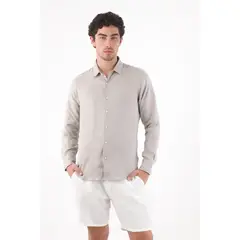 TENNIS - Camisa corte recto con botones crema en lino gris claro para hombre