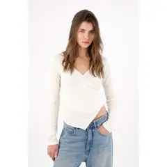 TENNIS - T-shirt slim con escote cruzado y bajo en pico de poliéster blanco para mujer