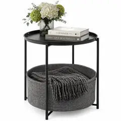 ONE PIXEL - Mesa Auxiliar Redonda Con Cesta De Tela Para Almacenamiento