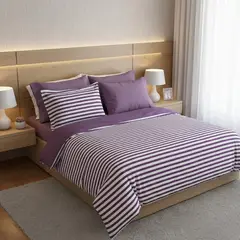 MY HOME STORE - Set Funda de Duvet Franjas Lila + Semijuego Sábana Purpura Doble