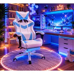 GENERICO - Silla Gamer Ergonomica Con Reposapies Blanca con Azul