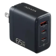 ADATA - Cargador 3 Puertos USB C USB A Carga Rápida GaN 65W Negro