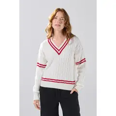 KOAJ - Suéter cuello V crema claro con texturas y rayas rojas Mujer