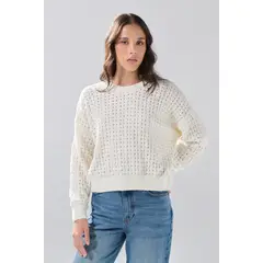 KOAJ - Suéter cuello redondo crema con texturas de cuadros Mujer
