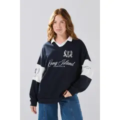 KOAJ - Buzo azul intenso college oversize con cuello polo Mujer