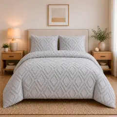 LILE - Juego de Duvet Jacquard Blanco-Gris-Curuba Rombos + Sábana + Fundas