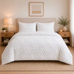LILE - Juego de Duvet Jacquard Blanco-Gris-Curuba Rombos + Sábana + Fundas