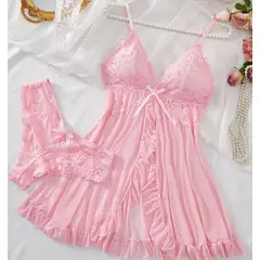 GENERICO - Conjunto Lencería Sexy Babydoll Encaje Pijama Suave Rosa M L
