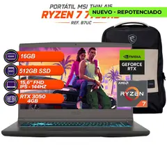 MSI - PORTATIL GAMER Thin A15 - RYZEN 7 7735HS - RTX 3050 4GB - 16GB RAM - SSD 512GB - 15.6” FHD 144Hz