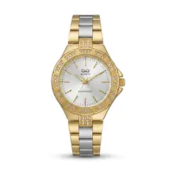 Q&Q - Reloj Bicolor Fondo Blanco Piedras Acero Inoxidable Original + Caja