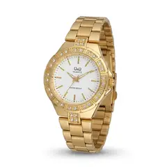 Q&Q - Reloj Dorado Fondo Blanco Piedras Acero Inoxidable Original + Caja