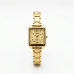Q&Q - Reloj Cuadrado Dorado Con Numeros Piedras Acero Inoxidable Original + Caja