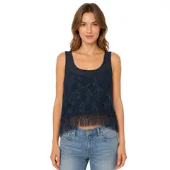 AT NIGHT SUNGLASSES - Blusa Azul para Mujer con Bordado y Flequillo