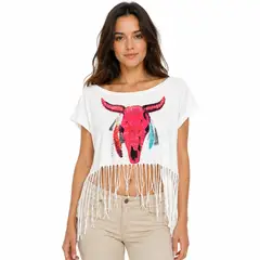 AT NIGHT SUNGLASSES - Blusa Blanca para Mujer con Flequillo y Estampado Frontal