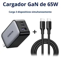 UGREEN - Kit Cargador 3 Puertos 65W Carga Rápida + Cable Datos y Carga 1M