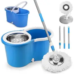 GENERICO - Trapeador Mágico Giratorio 360 Con Balde Exprimidor: Mop Microfibra y Mango Acero Inoxidable - Azul