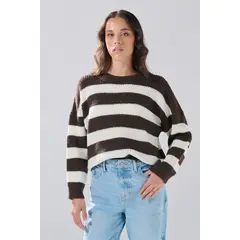 KOAJ - Suéter cuello redondo café medio con rayas blancas Mujer