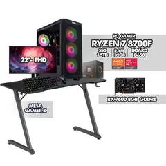 POWER GROUP - PC GAMER RYZEN 7 8700F + RX 7600 8GB - RAM 32GB SSD 1.5TB - MONITOR 22" FHD 120HZ + ESCRITORIO GAMER