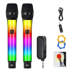 TECNOHOGAR JS - Micrófono Inalámbrico Doble Karaoke Dinámico Profesional Rgb
