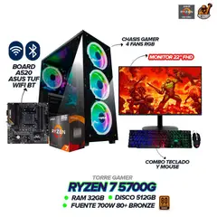 AMD - Torre Gamer Chasis Gamer Ryzen 7 5700G 32GB RAM SSD 512GB A520 TUF WIFI BT + MONITOR 22"
