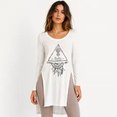 AT NIGHT SUNGLASSES - Camisón Blanco para Mujer Manga Larga con Estampado Boho
