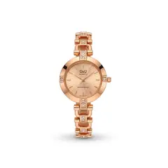 Q&Q - Reloj Oro Rosa Con Piedras Acero Inoxidable + Caja