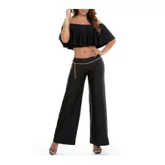 VIA7 - Set Black Glam Pantalón Pata de Elefante y Top Off-Shoulder