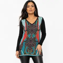 AT NIGHT SUNGLASSES - Blusa Estampada para Mujer Manga Larga Color Negro y Turquesa