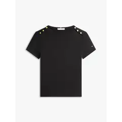 TOMMY HILFIGER - Camiseta negra slim de cuello barco con botones