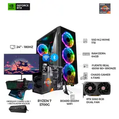 AMD - COMPUTADOR GAMER RYZEN 7 5700G + RTX 5060 - MONITOR 24" 180HZ - 64GB RAM - 1TB IDEAL PARA GAMING
