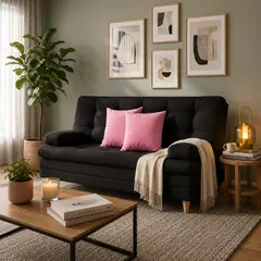 DECOLUM - Sofácama Tous 3 posiciones con brazos tela lino + cojines rosa