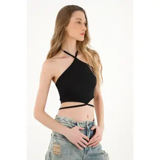 TOPMARK - Camiseta negra crop con ajuste de tiras para mujer